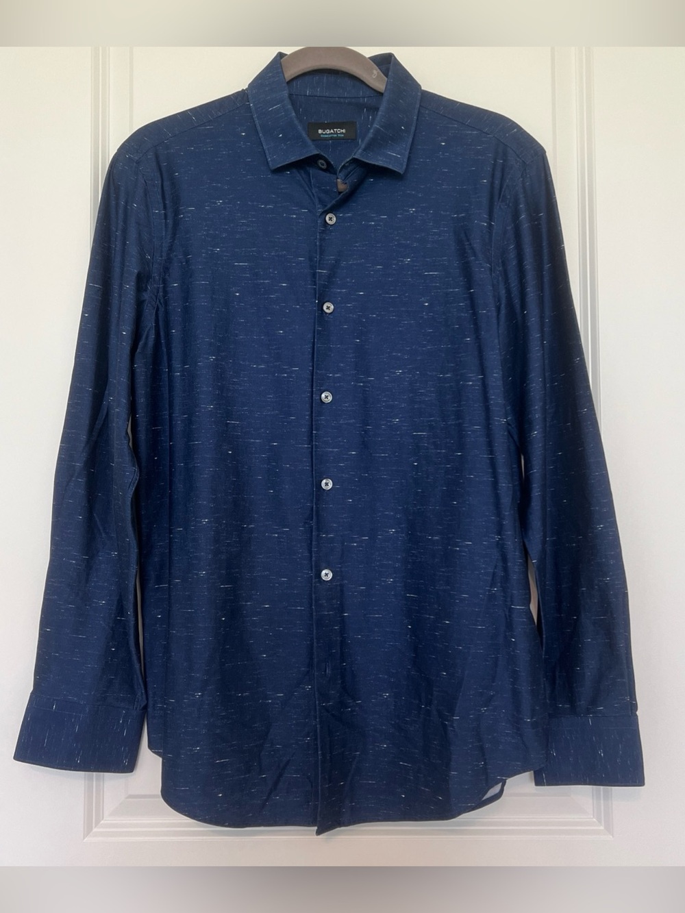 Bugatchi Men’s Navy Long-Sleeve Button-Up Shirt cotton/ spandex stretchy M GREAT